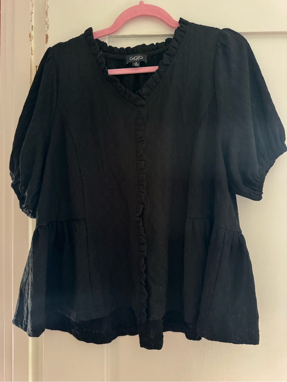 Gigio Black Ruffle-Trim Peplum Short-Sleeve Top